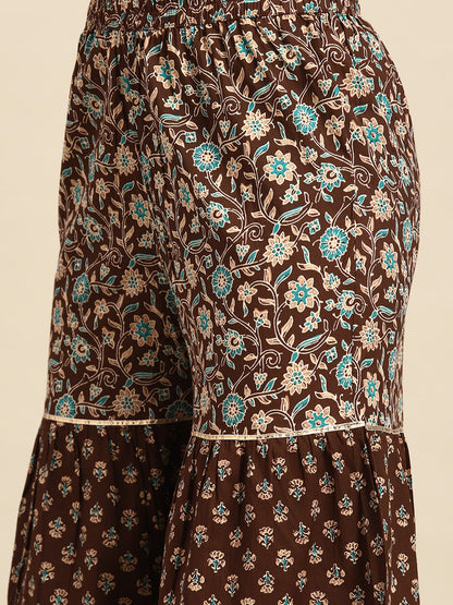 Brown Floral Printed Anarkali Kurta With Sharara And Dupatta