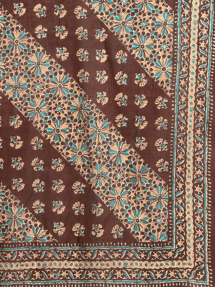 Brown Floral Printed Anarkali Kurta With Sharara And Dupatta