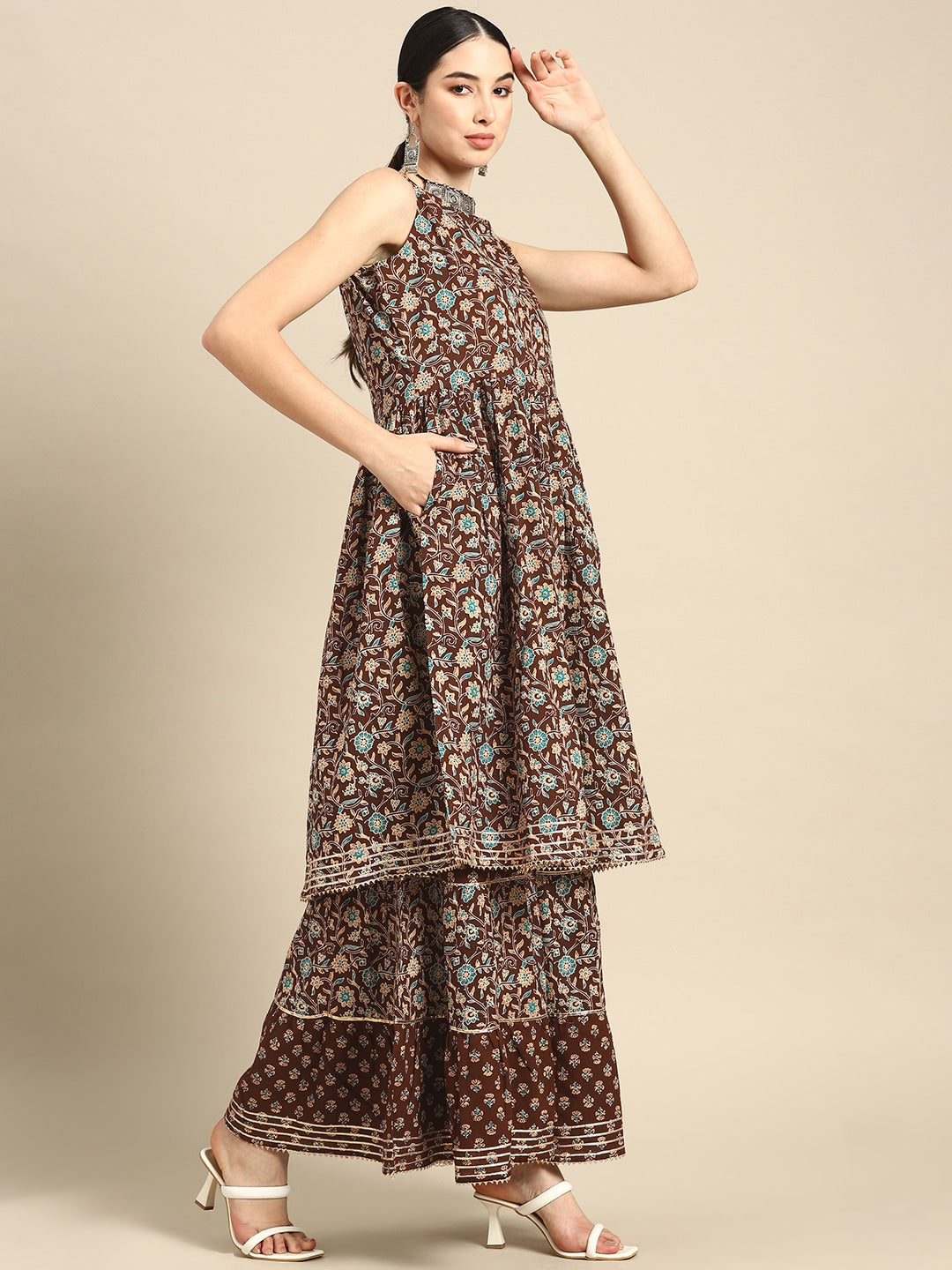 Brown Floral Printed Anarkali Kurta With Sharara And Dupatta