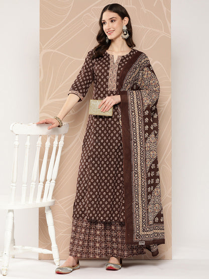 Brown Ethnic Printed Straight Kurta With Skirt And Dupatta
