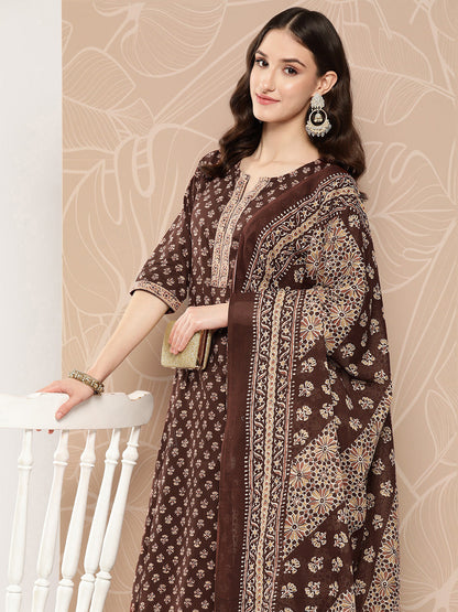 Brown Ethnic Printed Straight Kurta With Skirt And Dupatta