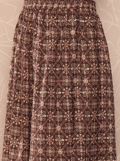 Brown Ethnic Printed Straight Kurta With Skirt And Dupatta