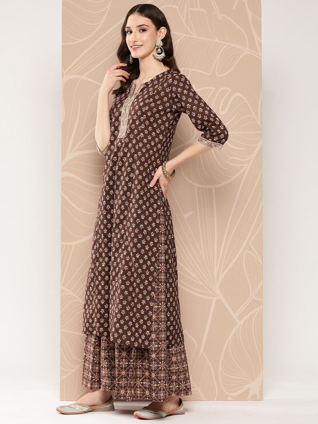 Brown Ethnic Printed Straight Kurta With Skirt And Dupatta