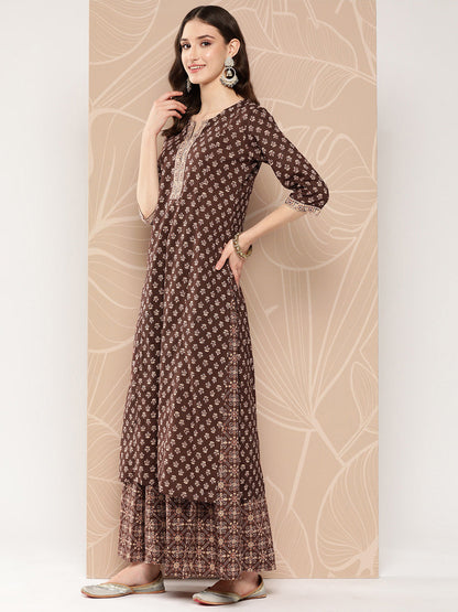 Brown Ethnic Printed Straight Kurta With Skirt And Dupatta