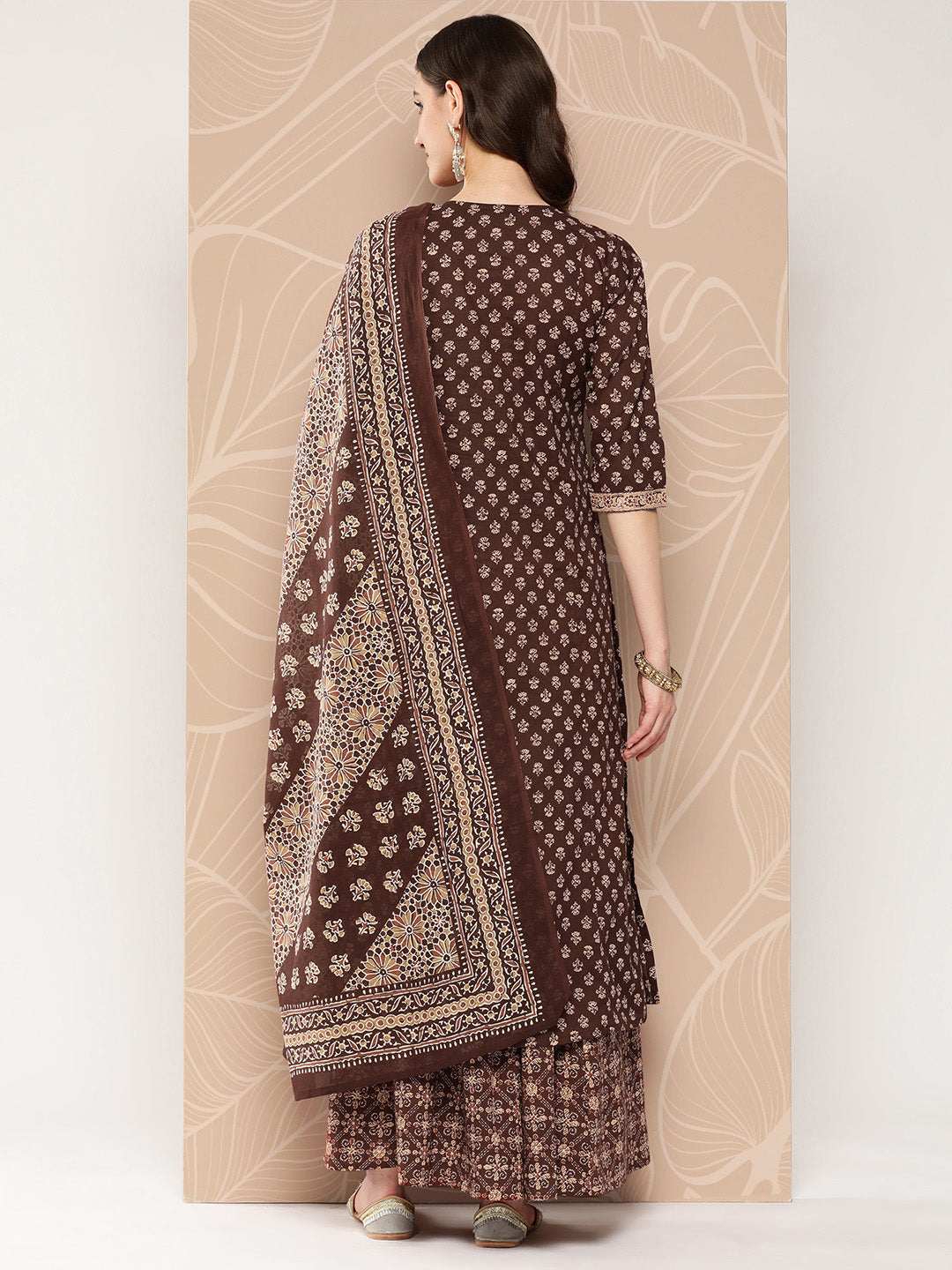 Brown Ethnic Printed Straight Kurta With Skirt And Dupatta
