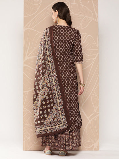 Brown Ethnic Printed Straight Kurta With Skirt And Dupatta
