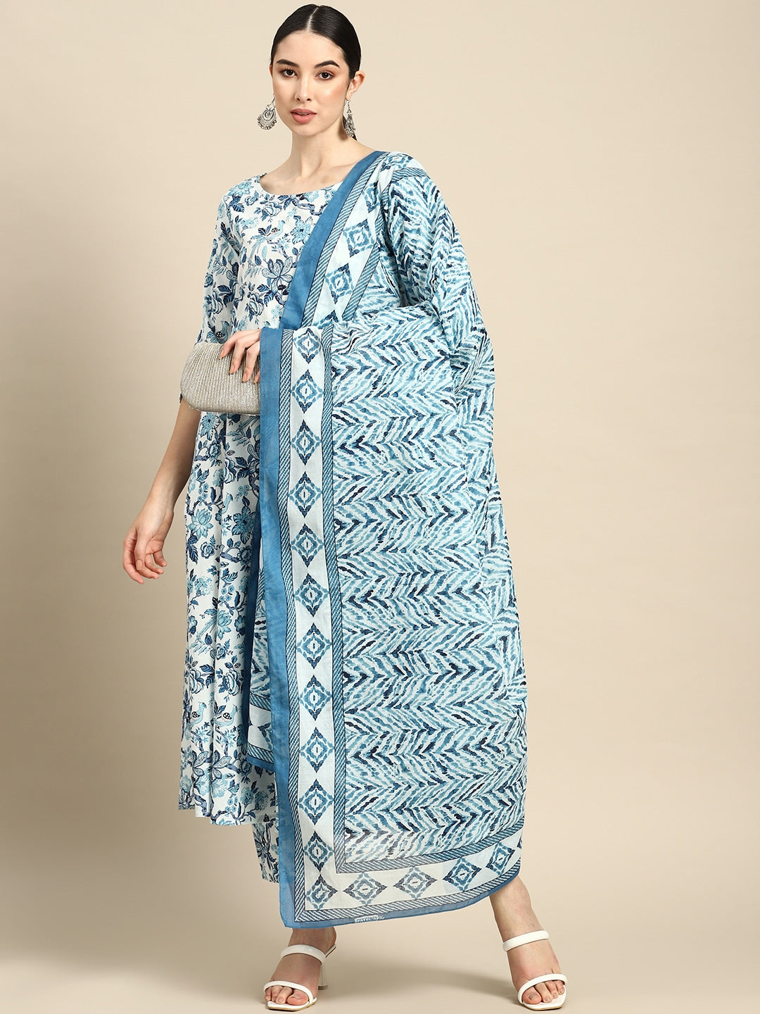 Blue Floral Printed Anarkali Kurta With Trouser And Dupatta