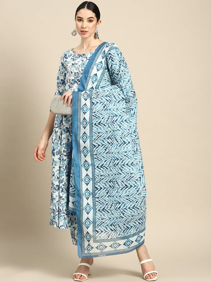 Blue Floral Printed Anarkali Kurta With Trouser And Dupatta