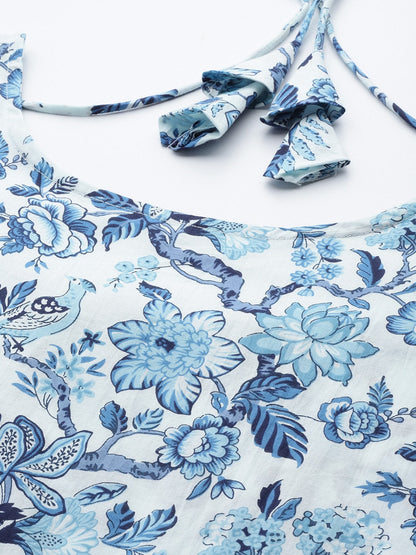Blue Floral Printed Anarkali Kurta With Trouser And Dupatta