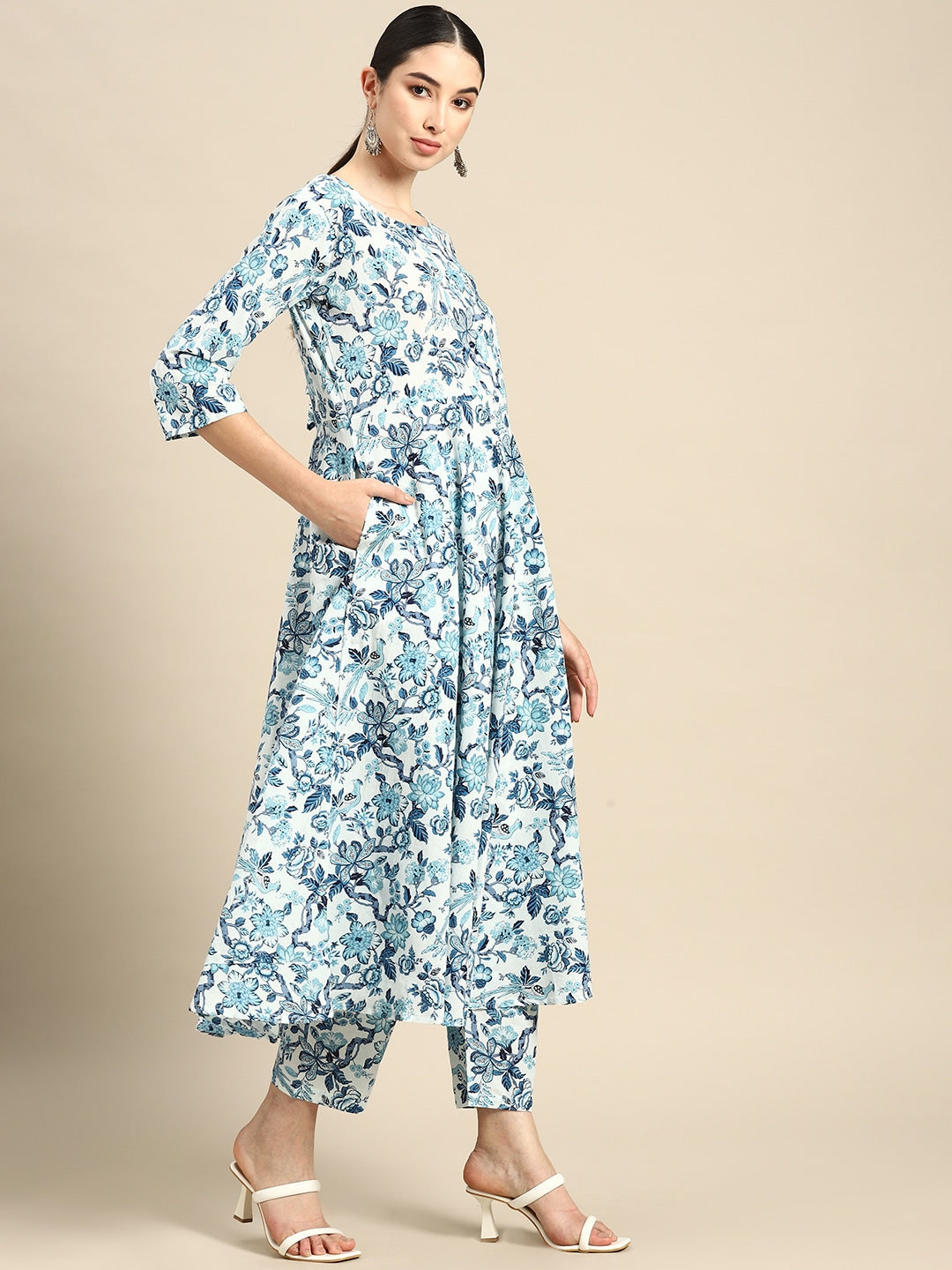 Blue Floral Printed Anarkali Kurta With Trouser And Dupatta