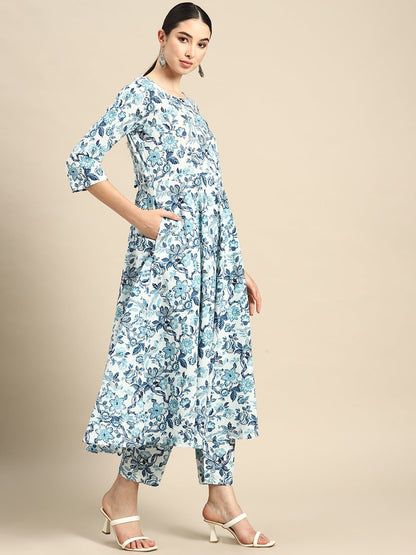 Blue Floral Printed Anarkali Kurta With Trouser And Dupatta