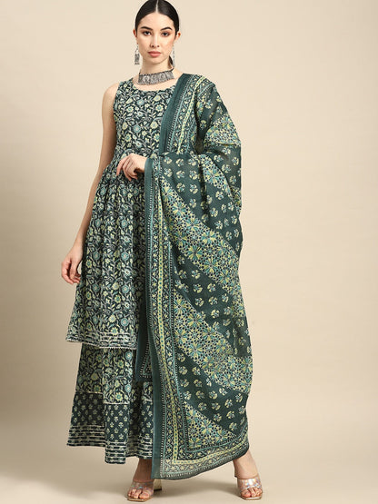 Green Floral Printed Kurta With Sharara And Dupatta