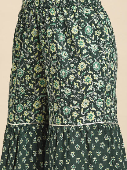 Green Floral Printed Kurta With Sharara And Dupatta