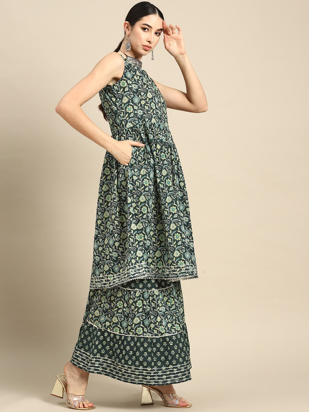 Green Floral Printed Kurta With Sharara And Dupatta