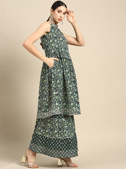 Green Floral Printed Kurta With Sharara And Dupatta