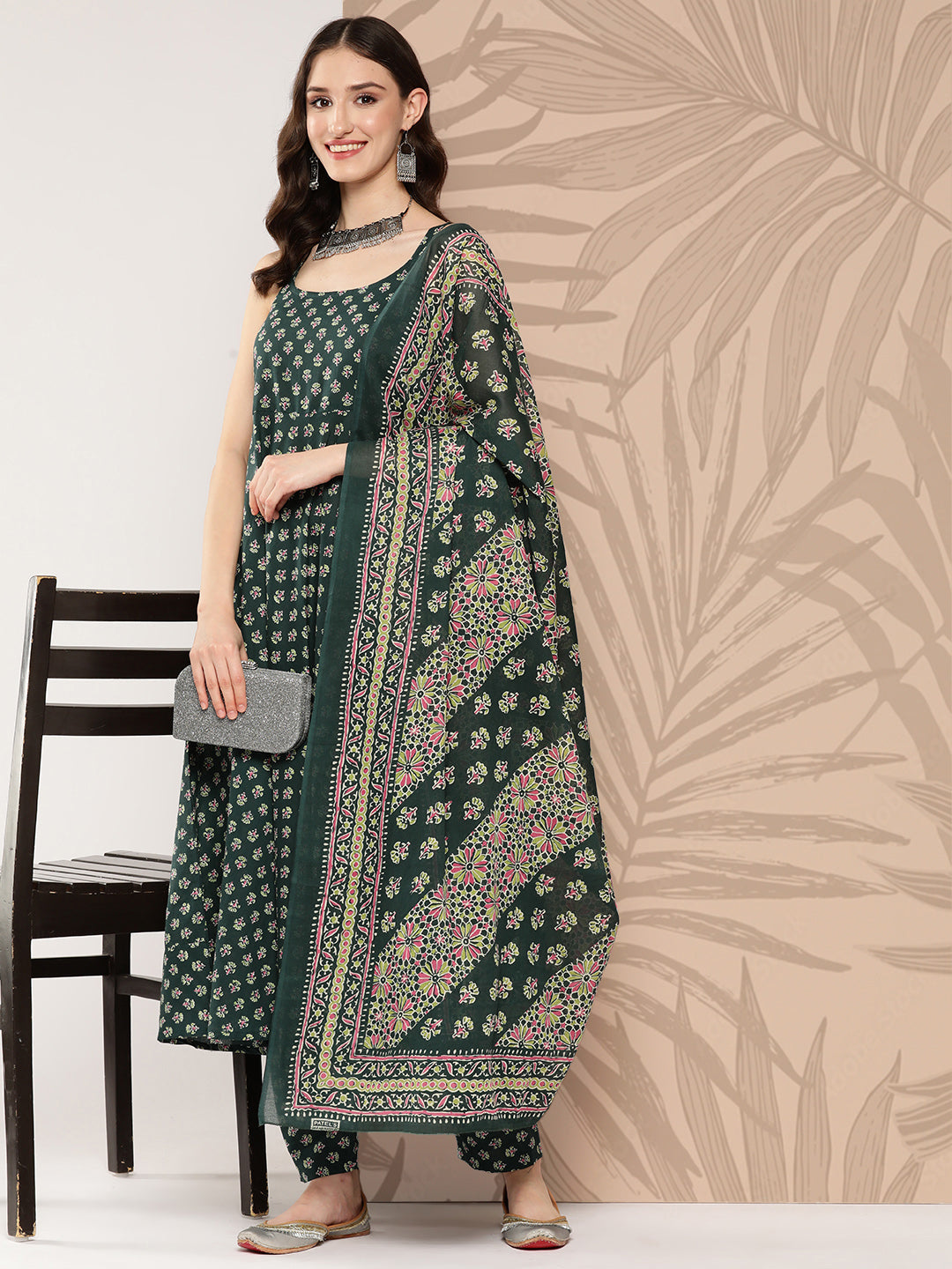 Green Ethnic Printed Anarkali Kurta With Trouser And Dupatta