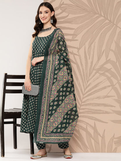Green Ethnic Printed Anarkali Kurta With Trouser And Dupatta