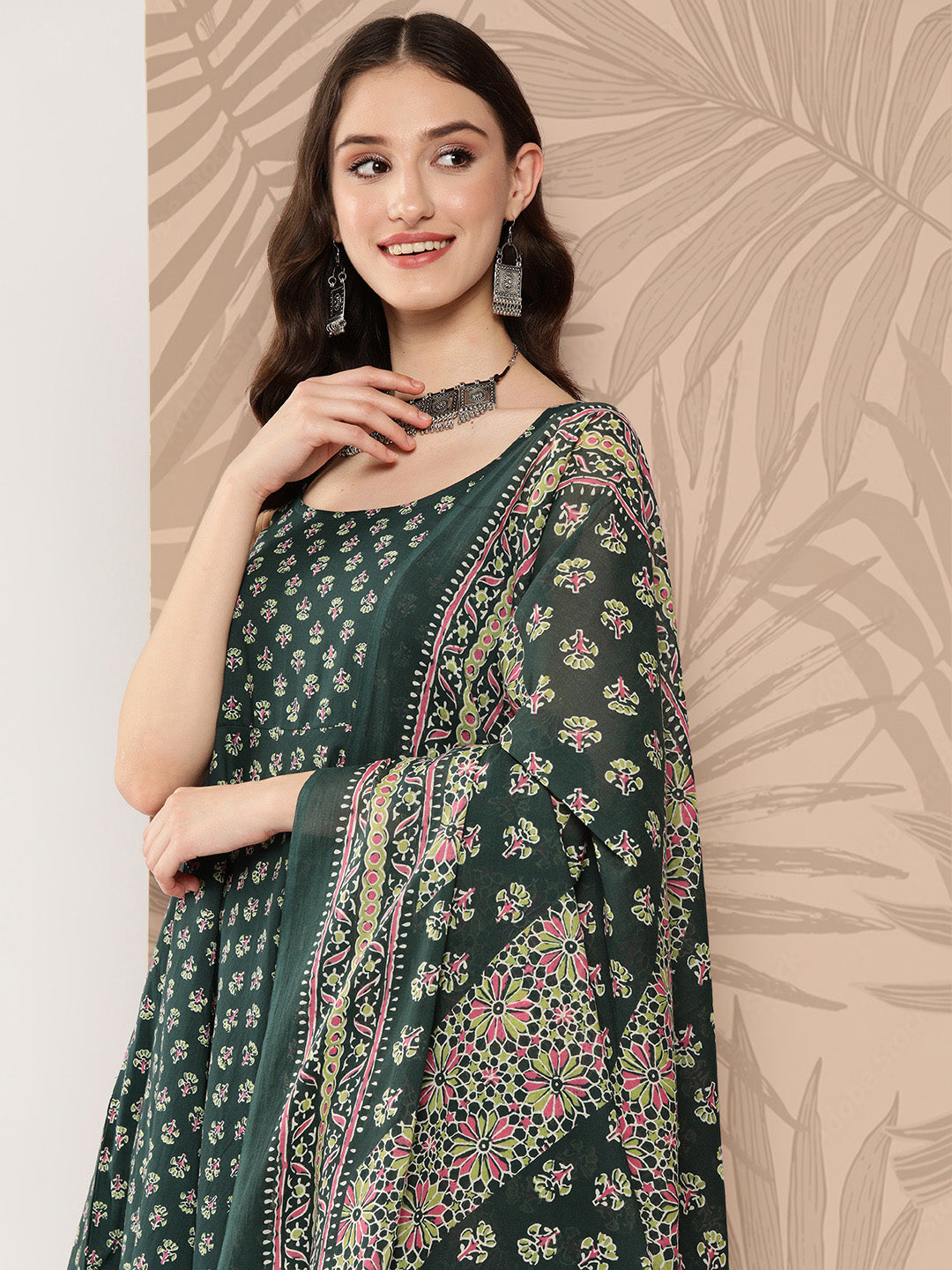Green Ethnic Printed Anarkali Kurta With Trouser And Dupatta