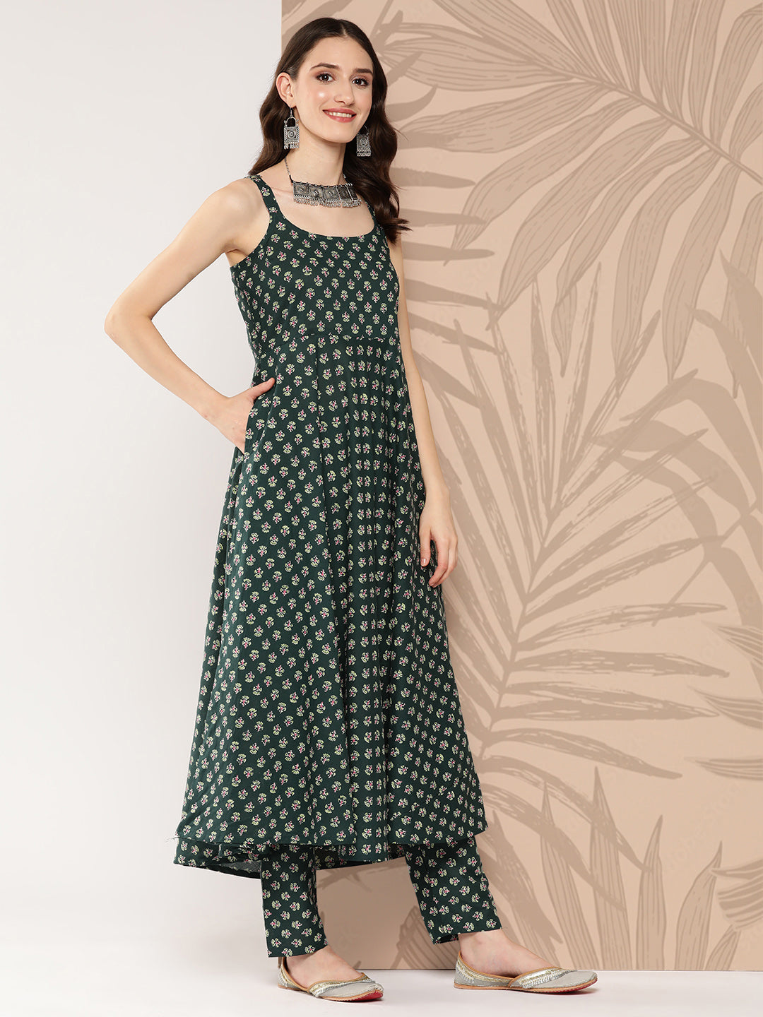 Green Ethnic Printed Anarkali Kurta With Trouser And Dupatta