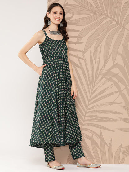Green Ethnic Printed Anarkali Kurta With Trouser And Dupatta