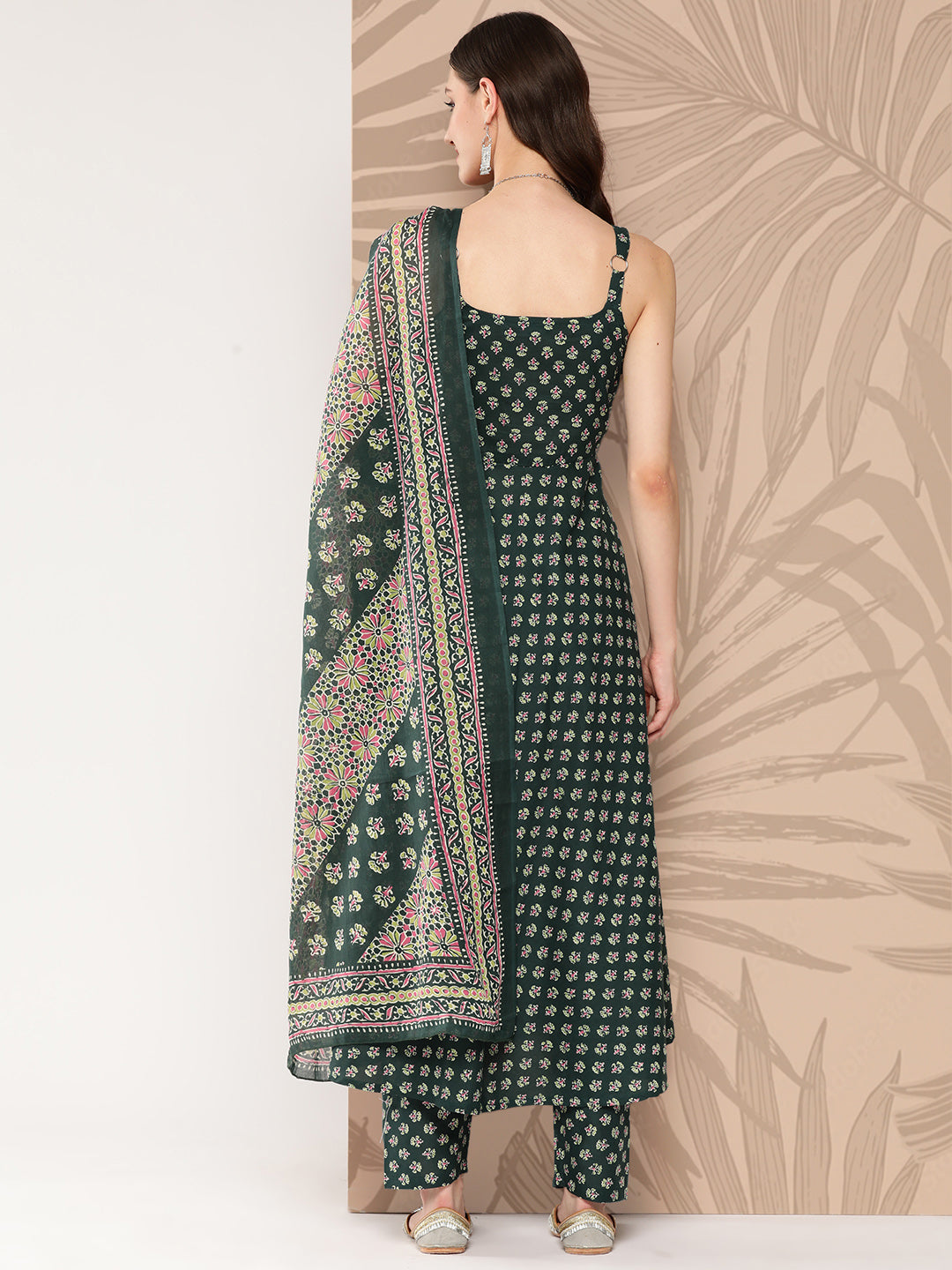 Green Ethnic Printed Anarkali Kurta With Trouser And Dupatta