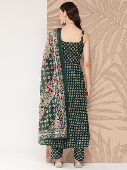Green Ethnic Printed Anarkali Kurta With Trouser And Dupatta