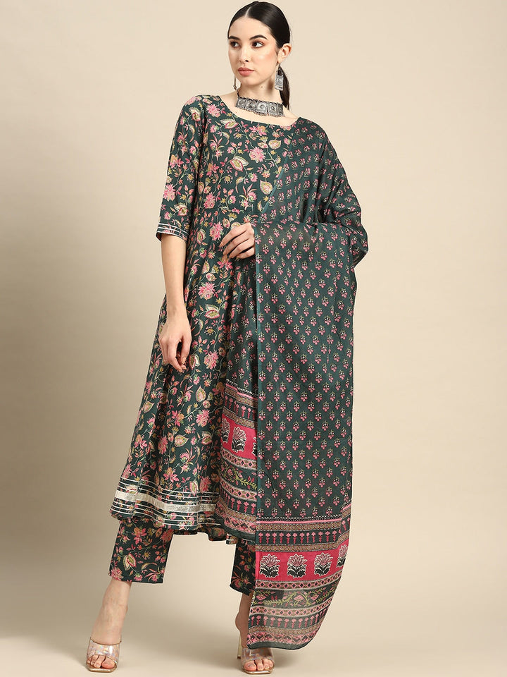 Green &amp; Pink Floral Anarkali Kurta With Trouser And Dupatta
