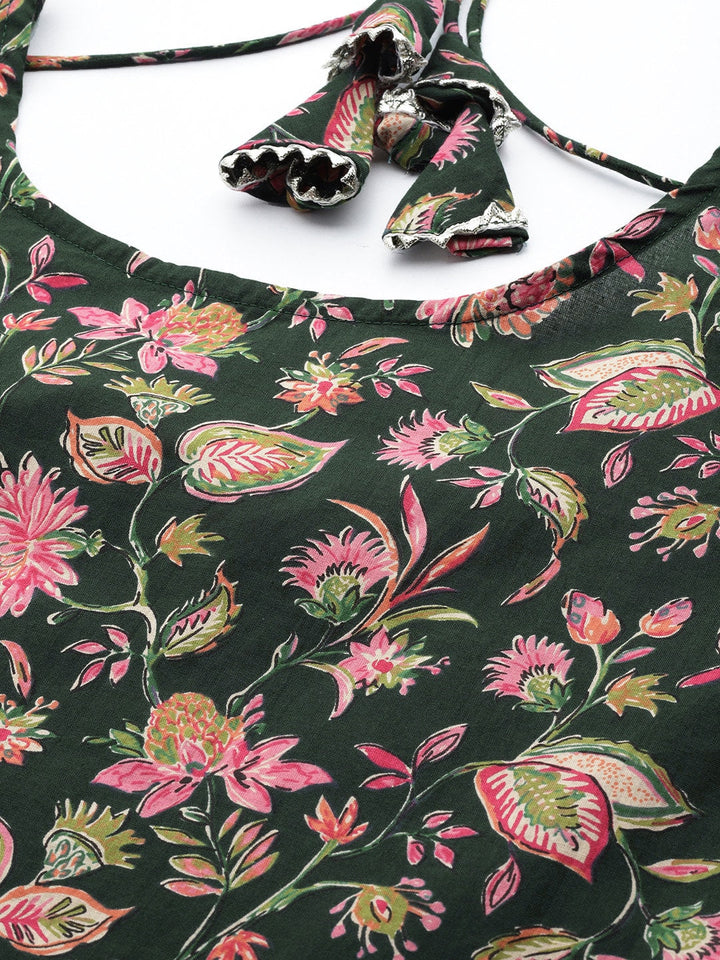 Green &amp; Pink Floral Anarkali Kurta With Trouser And Dupatta