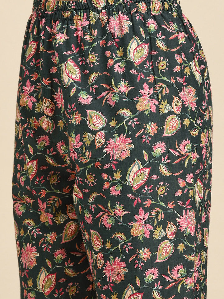 Green &amp; Pink Floral Anarkali Kurta With Trouser And Dupatta