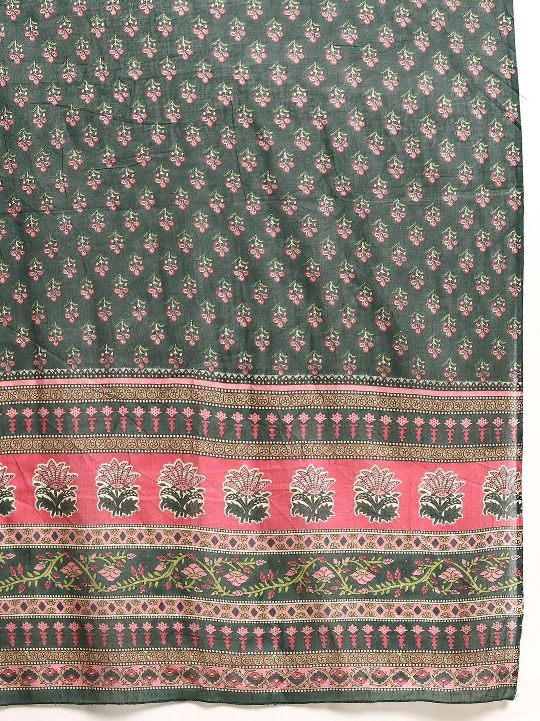 Green &amp; Pink Floral Anarkali Kurta With Trouser And Dupatta