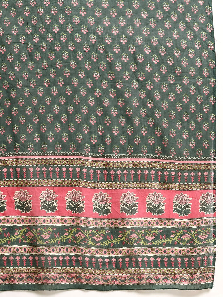 Green &amp; Pink Floral Anarkali Kurta With Trouser And Dupatta