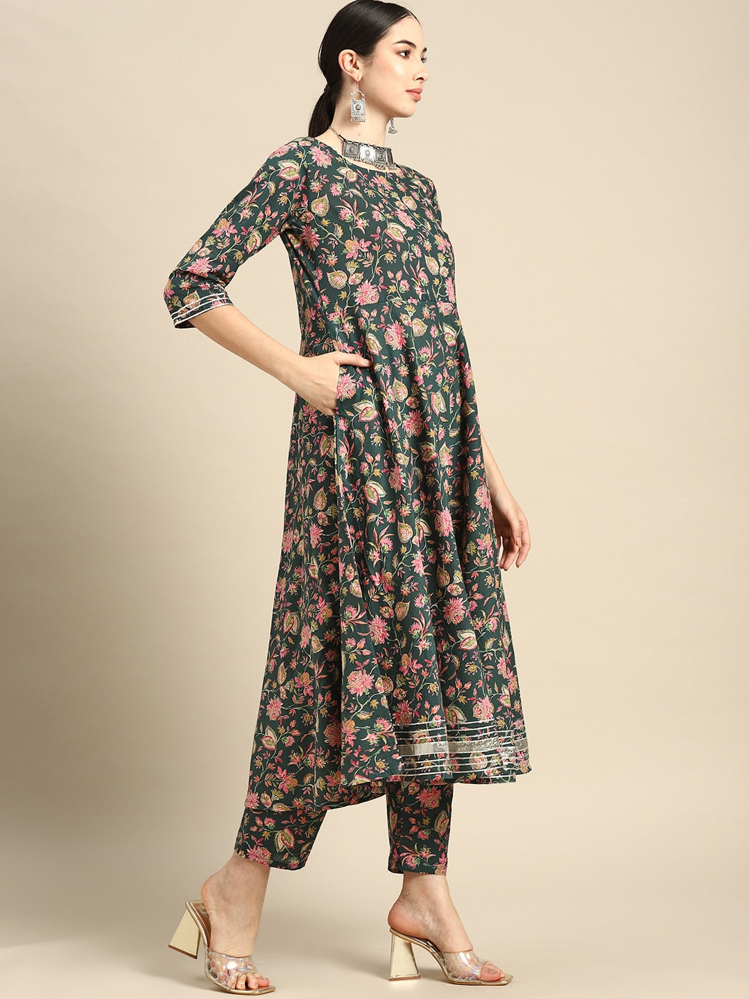 Green &amp; Pink Floral Anarkali Kurta With Trouser And Dupatta