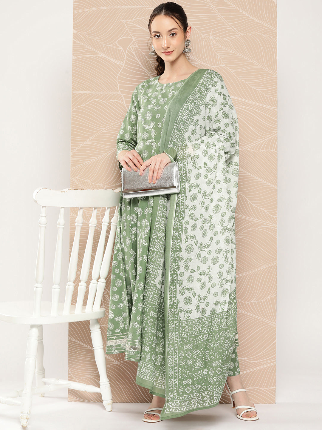 Green Floral Printed Anarkali Kurta With Trouser And Dupatta