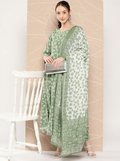 Green Floral Printed Anarkali Kurta With Trouser And Dupatta