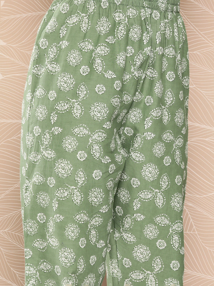 Green Floral Printed Anarkali Kurta With Trouser And Dupatta