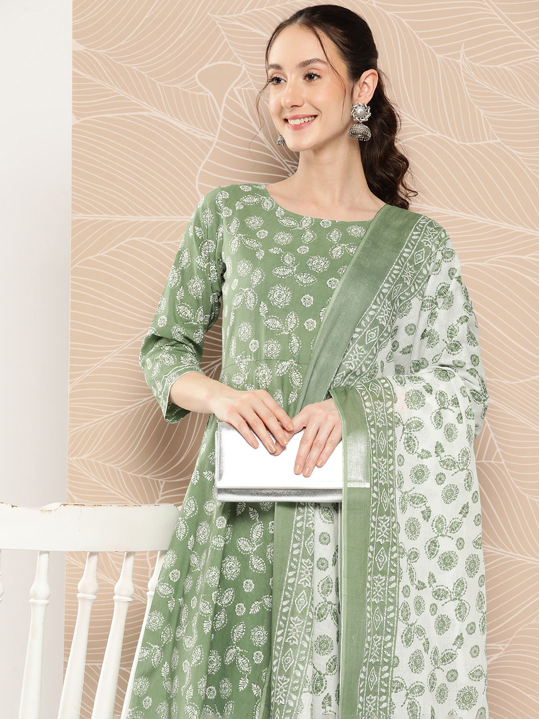 Green Floral Printed Anarkali Kurta With Trouser And Dupatta