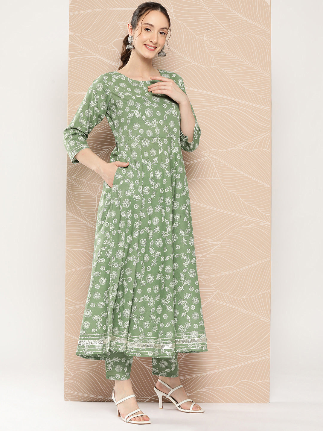 Green Floral Printed Anarkali Kurta With Trouser And Dupatta