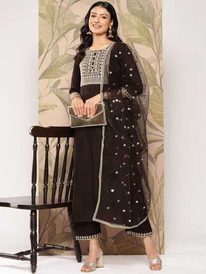 Brown Embroidered Straight Kurta With Palazzo And Dupatta