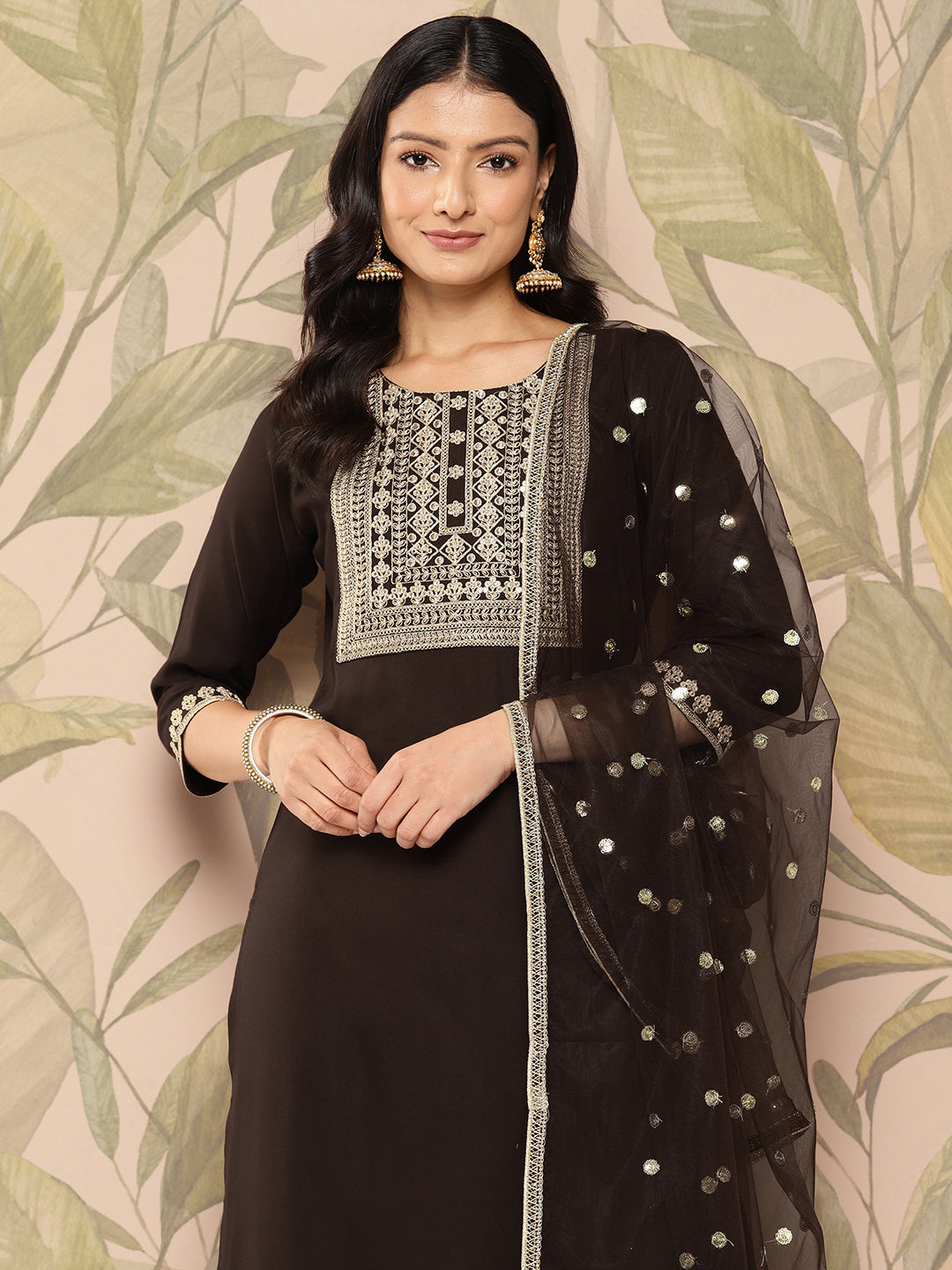 Brown Embroidered Straight Kurta With Palazzo And Dupatta