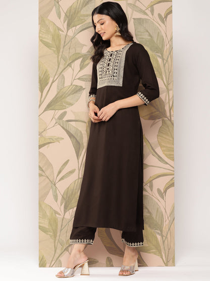 Brown Embroidered Straight Kurta With Palazzo And Dupatta