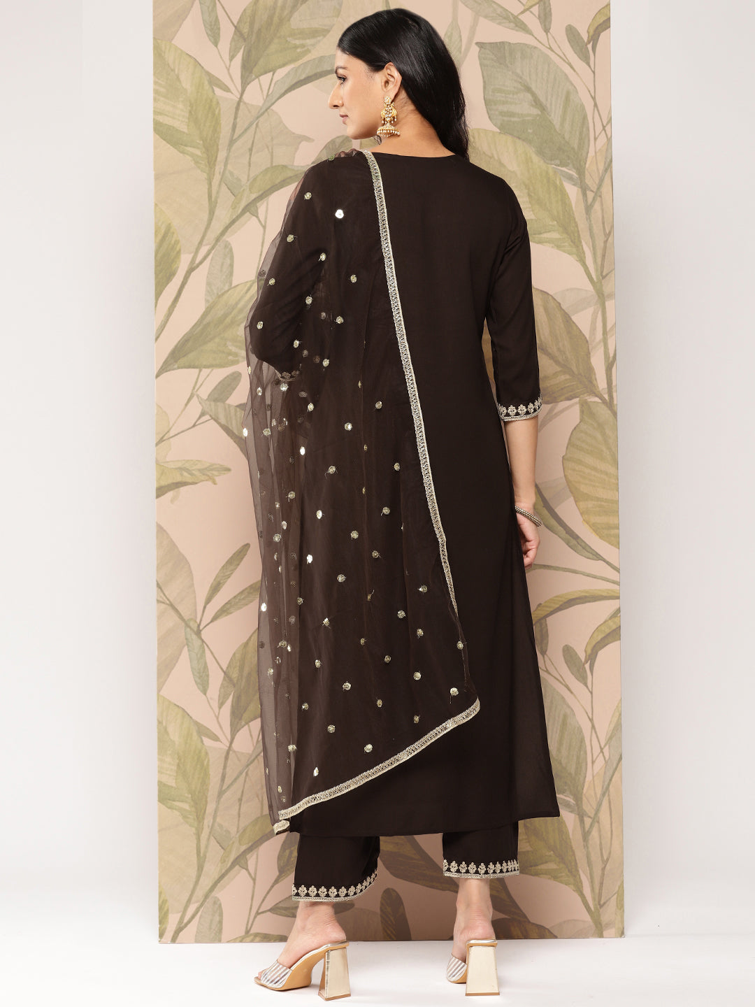 Brown Embroidered Straight Kurta With Palazzo And Dupatta