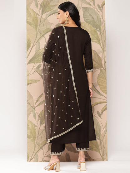 Brown Embroidered Straight Kurta With Palazzo And Dupatta