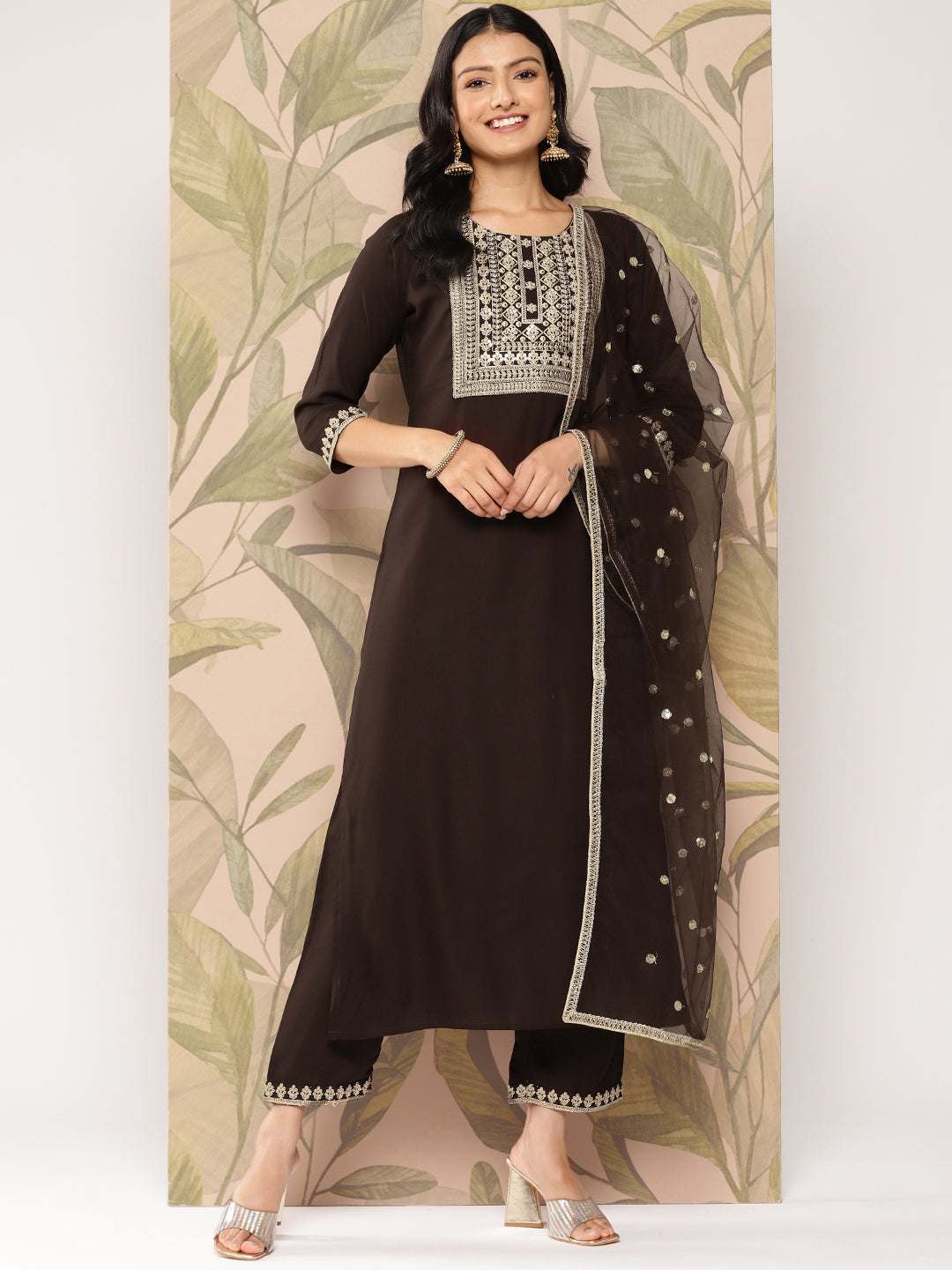 Brown Embroidered Straight Kurta With Palazzo And Dupatta