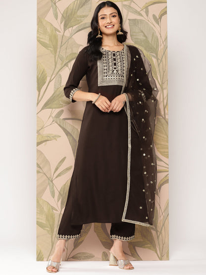 Brown Embroidered Straight Kurta With Palazzo And Dupatta