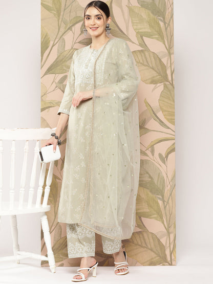 Green Embroidered Straight Kurta With Palazzo And Dupatta