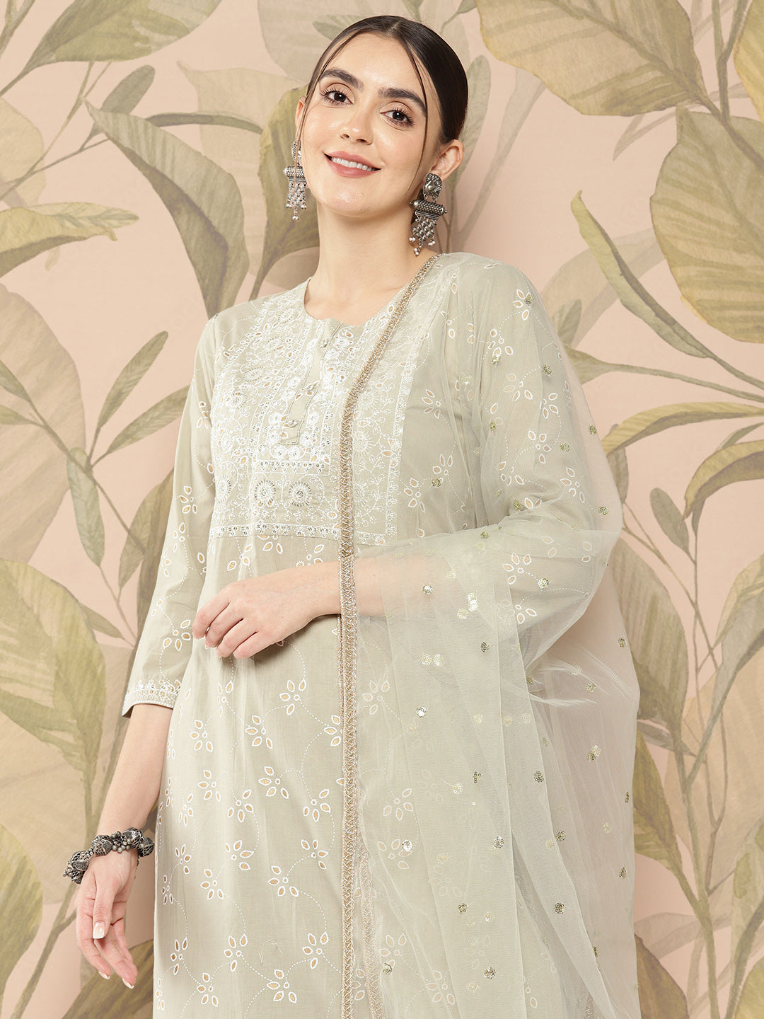 Green Embroidered Straight Kurta With Palazzo And Dupatta