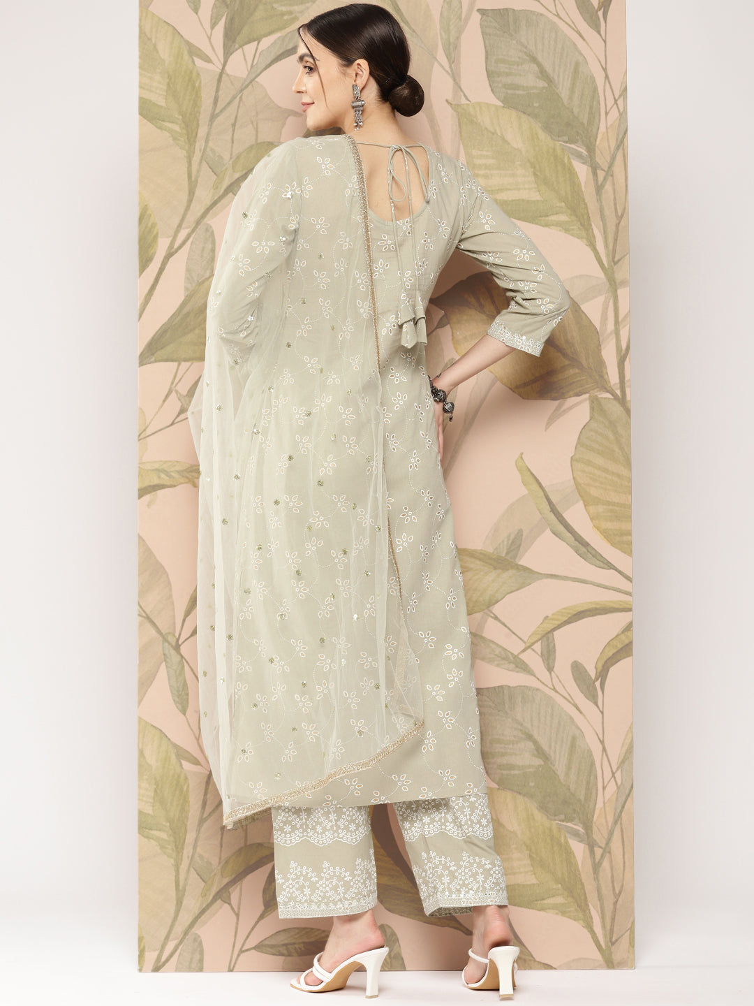 Green Embroidered Straight Kurta With Palazzo And Dupatta