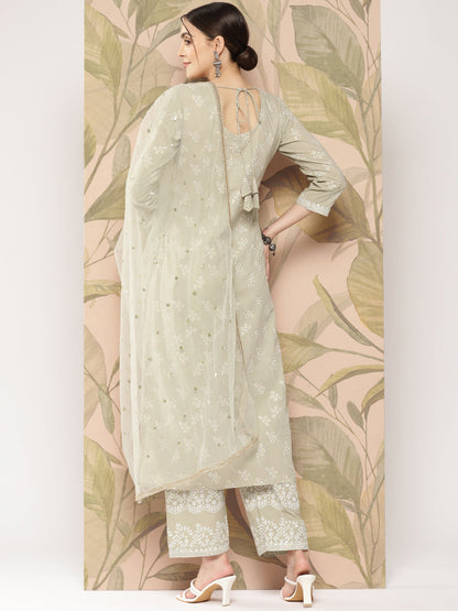 Green Embroidered Straight Kurta With Palazzo And Dupatta