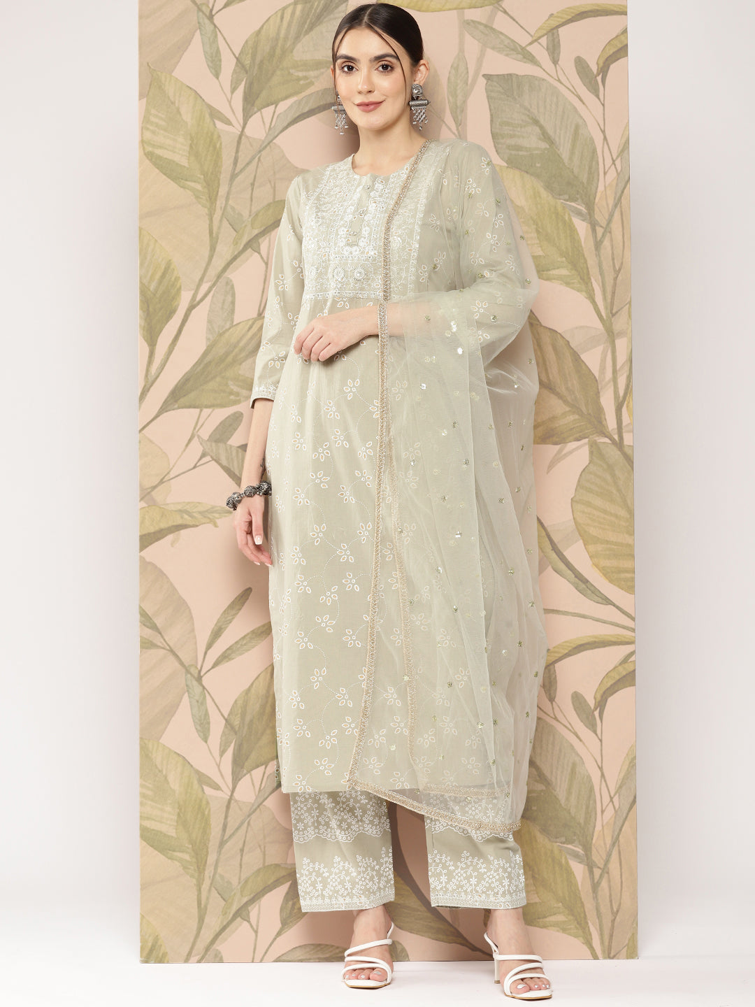 Green Embroidered Straight Kurta With Palazzo And Dupatta