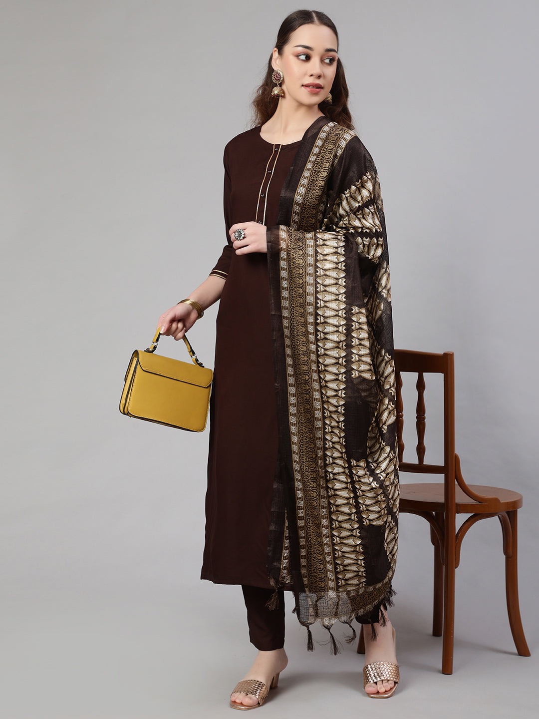 Dark Brown Straight Kurta With Palazzo And Art Silk Dupatta